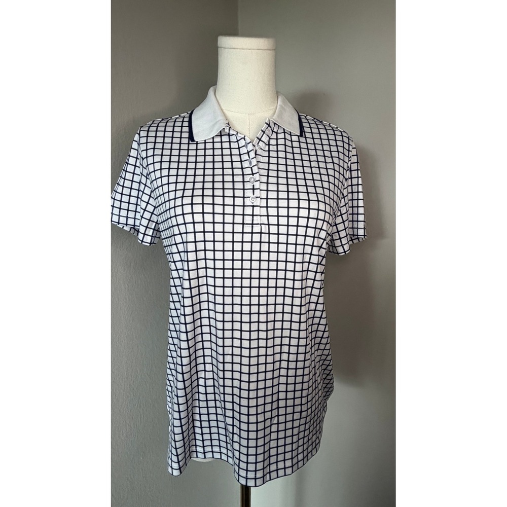 Lands' End Women's Small Navy White Windowpane Grid Supima Cotton Polo Shirt